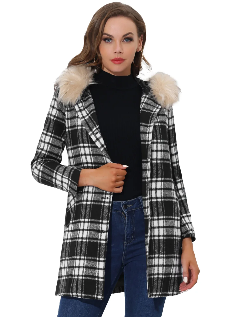 Allegra K- Detachable Faux Fur Trim Plaid Overcoat with Hood