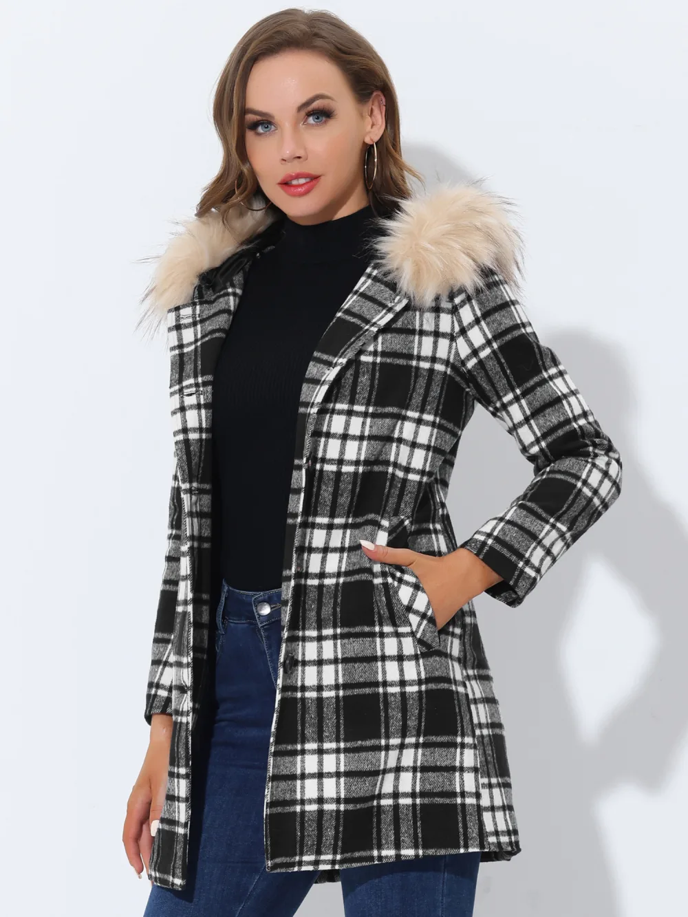 Allegra K- Detachable Faux Fur Trim Plaid Overcoat with Hood