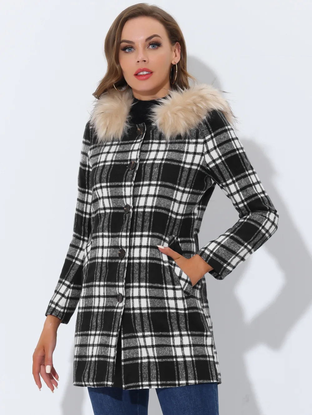 Allegra K- Detachable Faux Fur Trim Plaid Overcoat with Hood