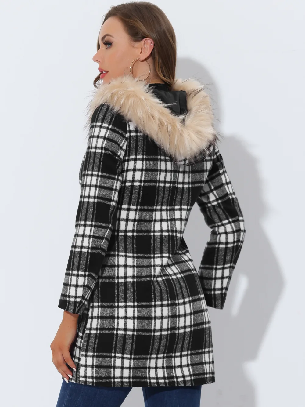 Allegra K- Detachable Faux Fur Trim Plaid Overcoat with Hood