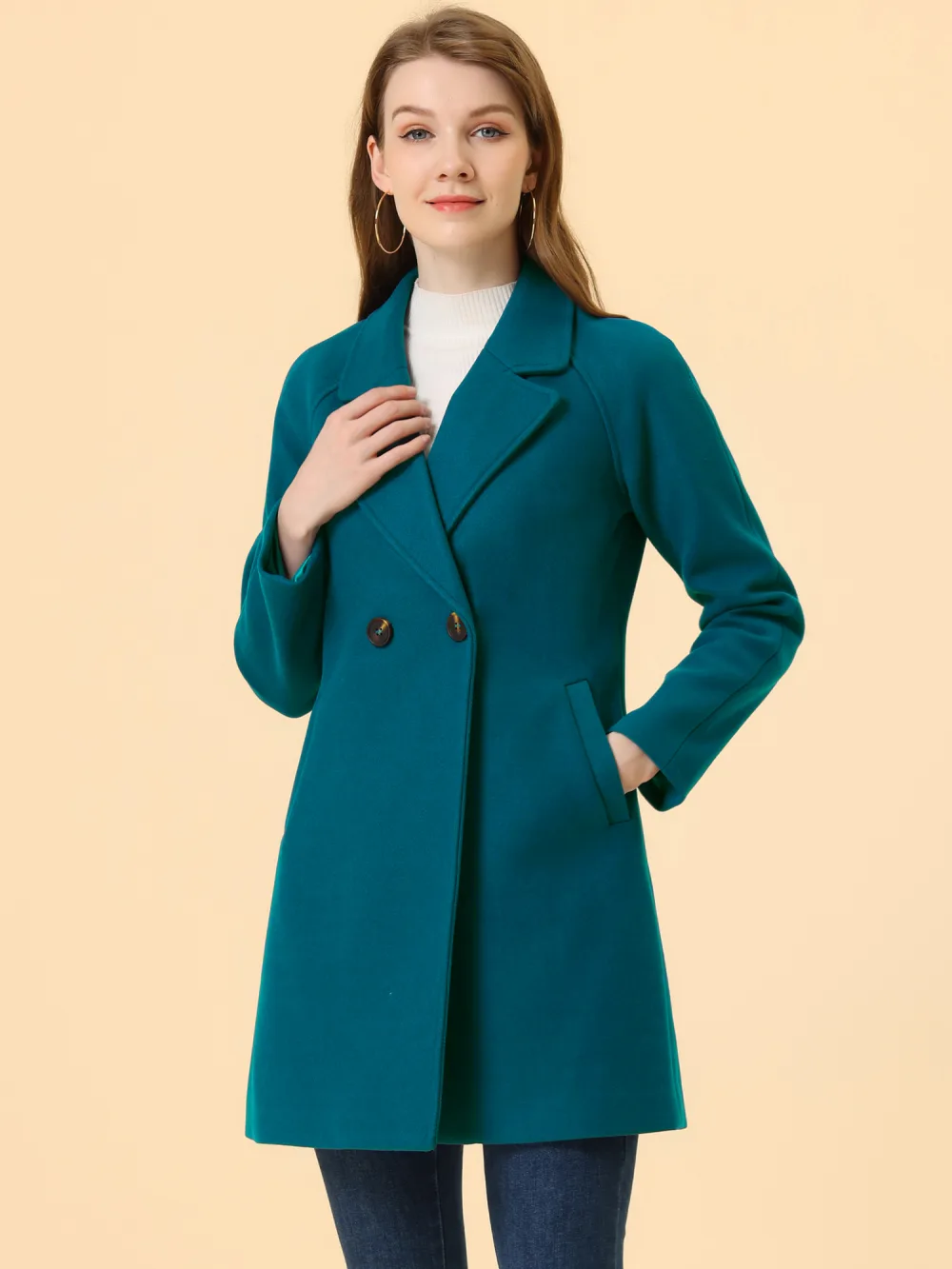 Allegra K- Double Breasted Lapel Raglan Sleeve Mid Length Overcoat