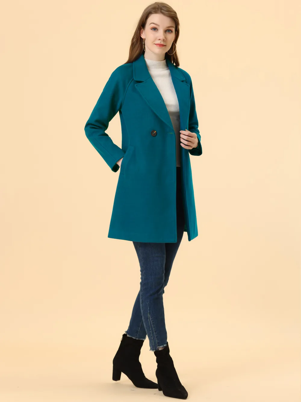 Allegra K- Double Breasted Lapel Raglan Sleeve Mid Length Overcoat