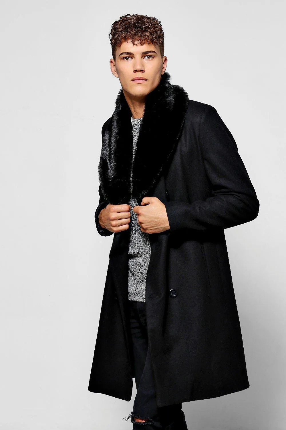 Black Double Breasted Wool Mix Overcoat | boohooMAN UK