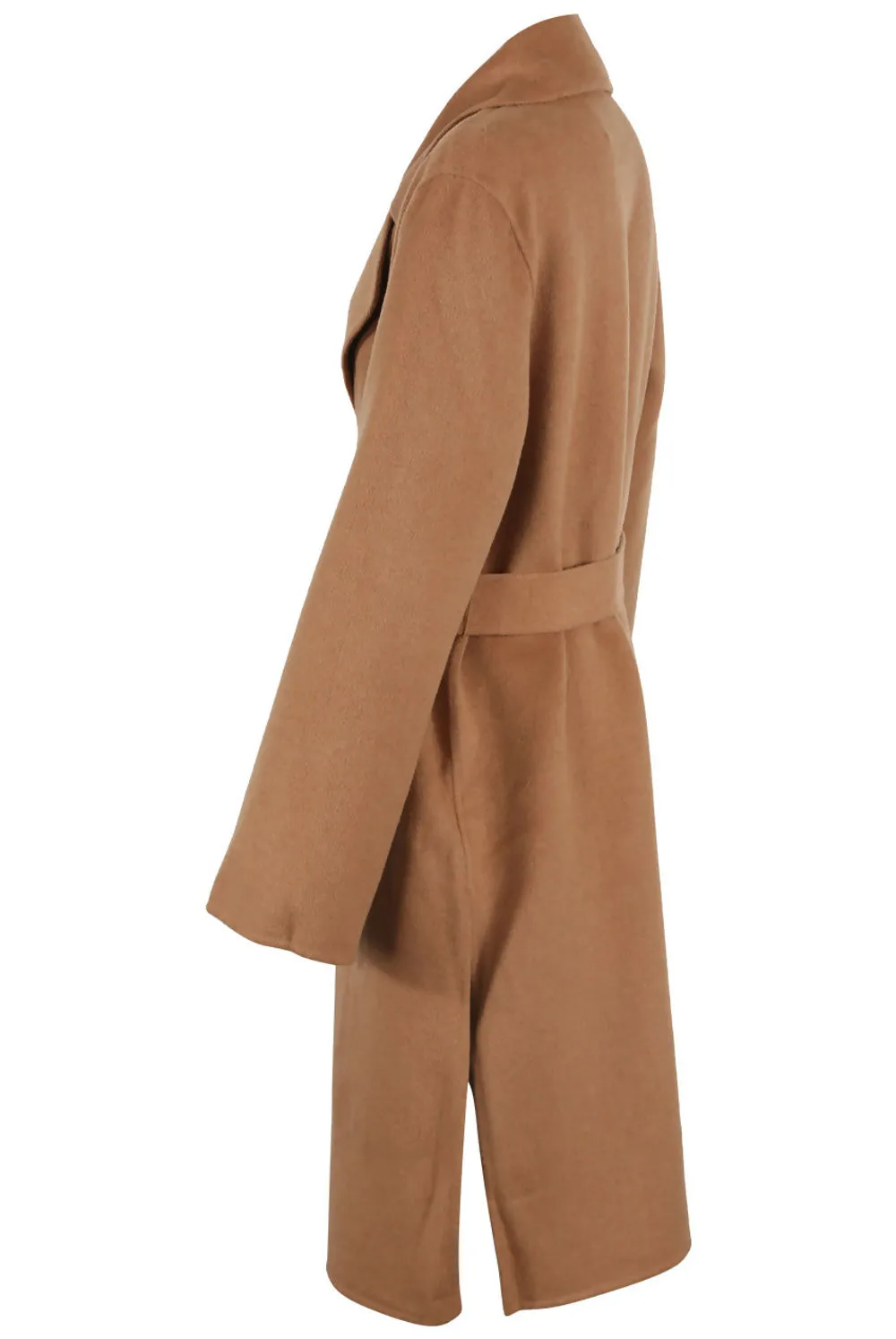 Camel Hand Stitched Side Slit Woolen Overcoat