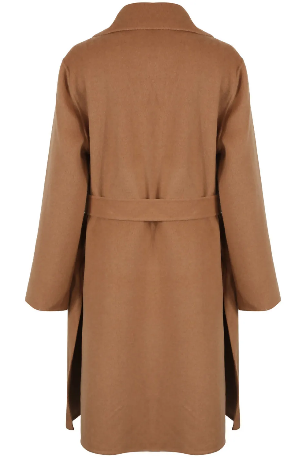 Camel Hand Stitched Side Slit Woolen Overcoat