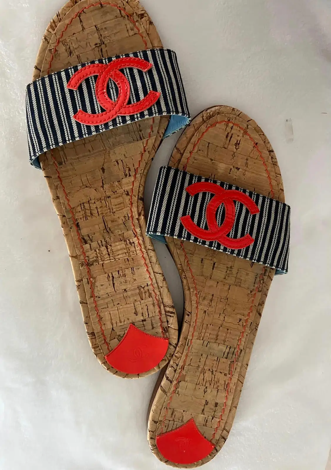 Chanel Stripe denim Summer Slides Orange CC Cork Sandals EU 39.5 US 8.5/9