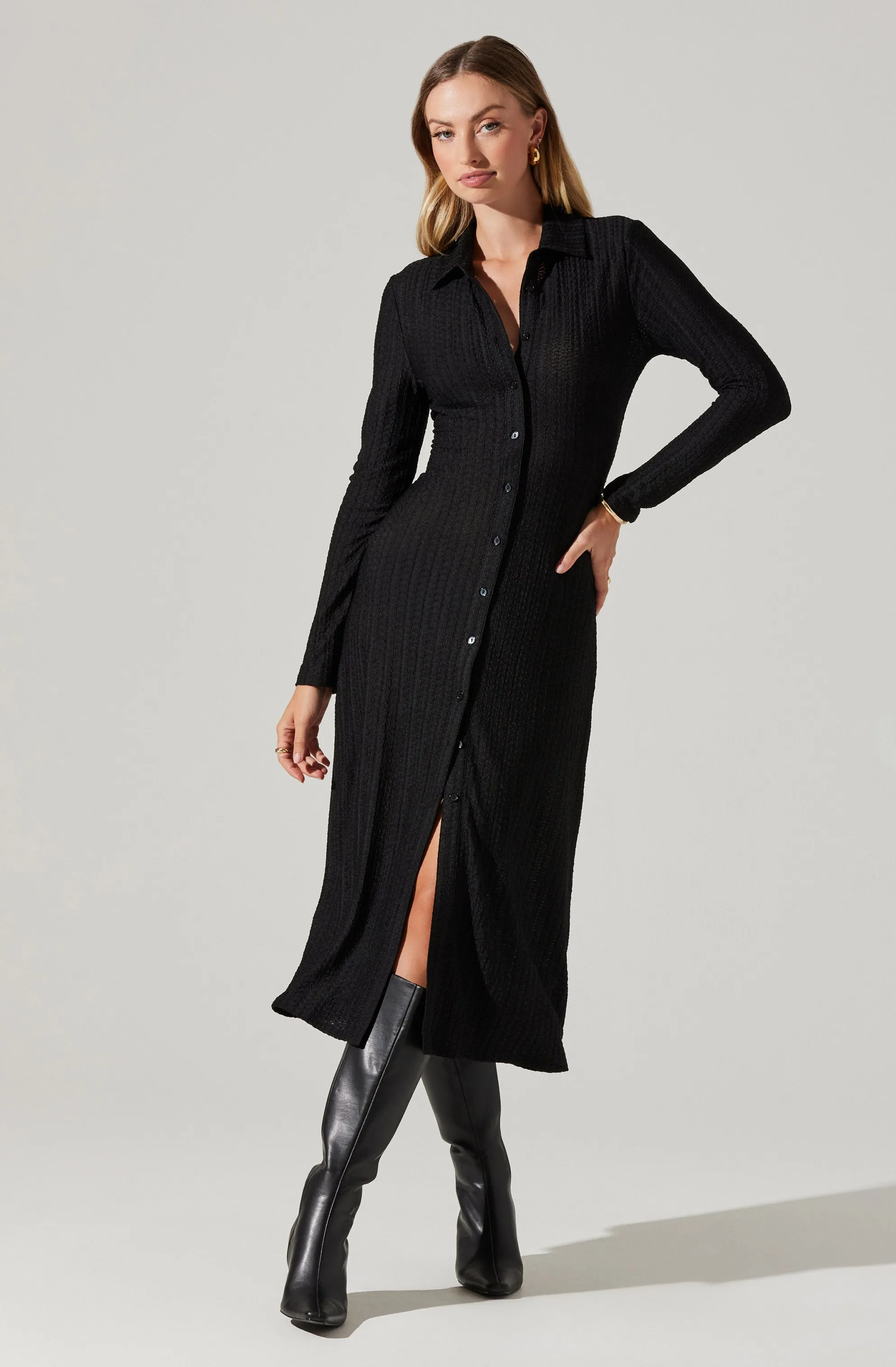 Collared Long Sleeve Midi Dress