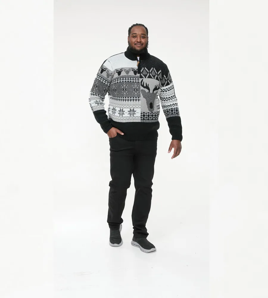 D555 Big Mens Christmas Jumper With 1/4 Zip and Stag Design (ICICLE)