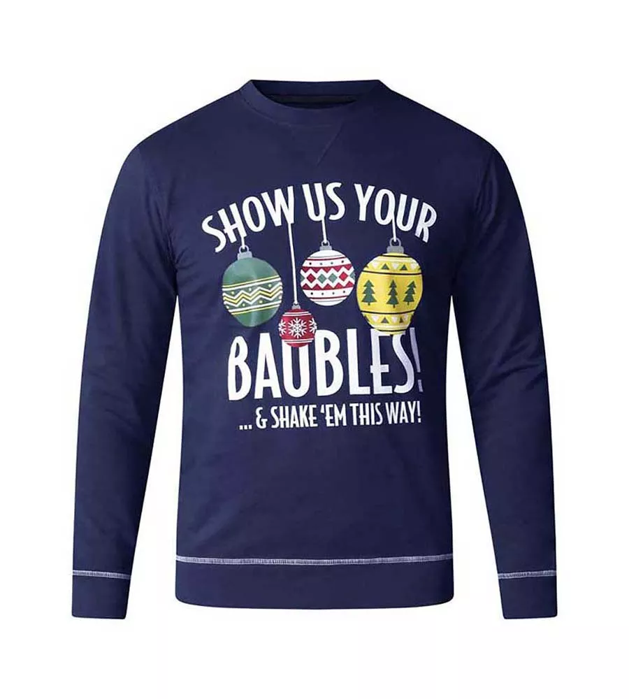 D555 Big Mens Navy Baubles Christmas Sweatshirt (BAUBLES NAVY)