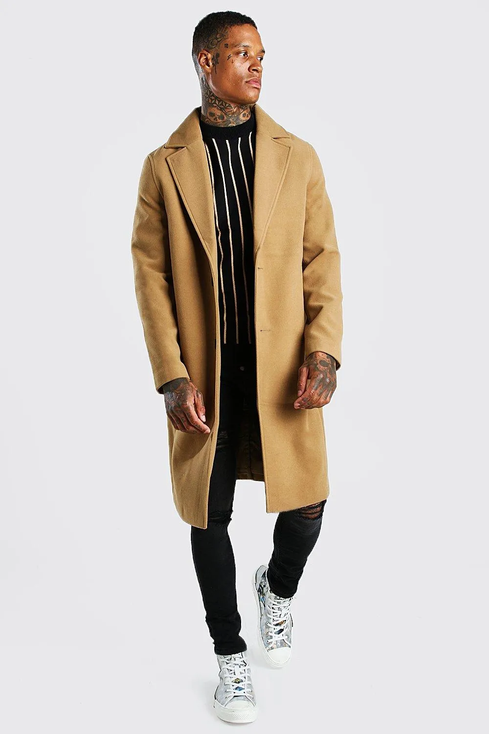 Drop Shoulder Single Breasted Longline Overcoat | boohooMAN UK