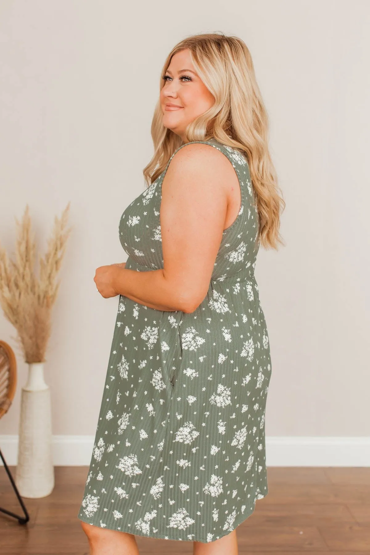 Floral Scents Ribbed Dress- Olive