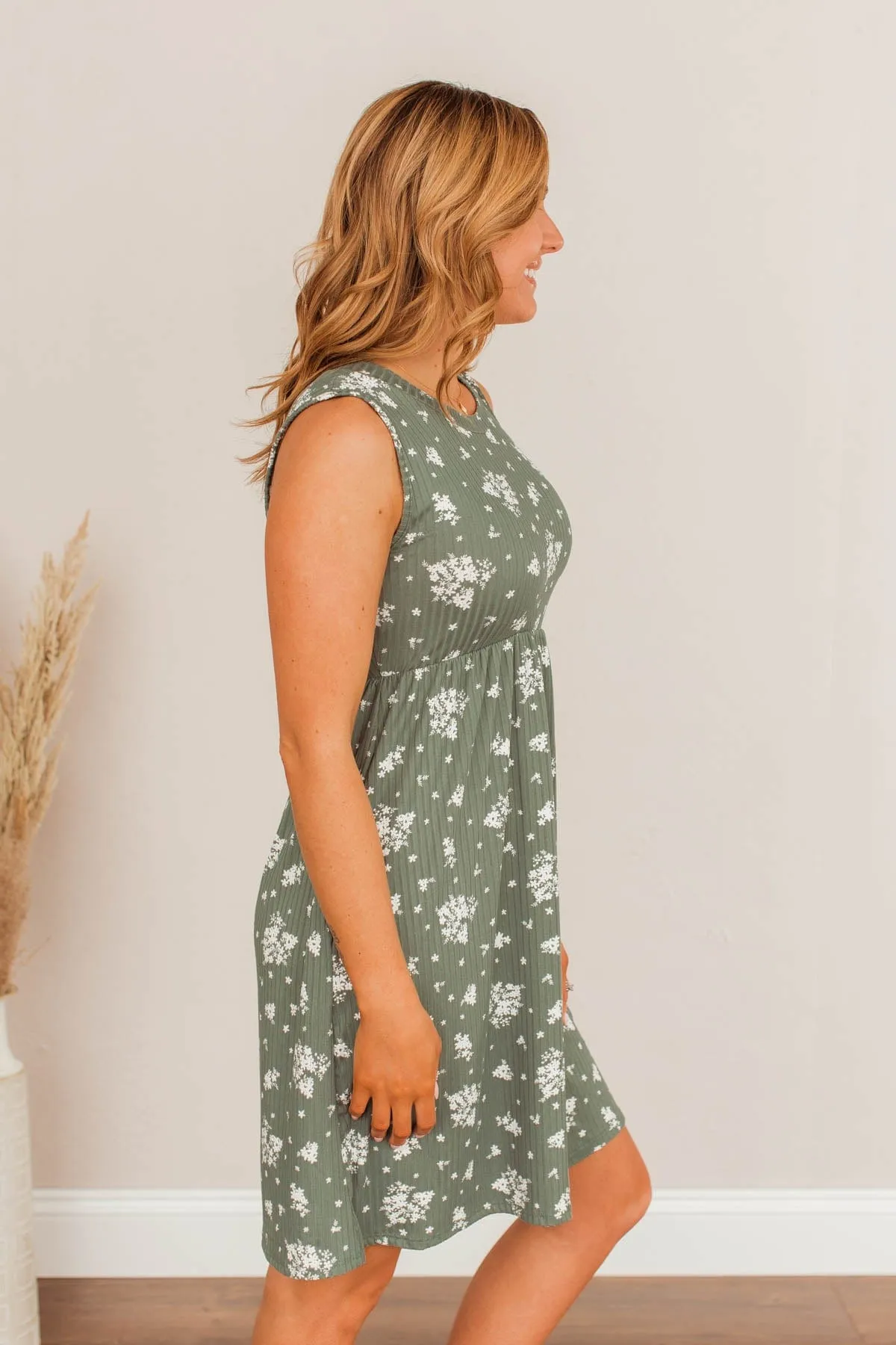 Floral Scents Ribbed Dress- Olive