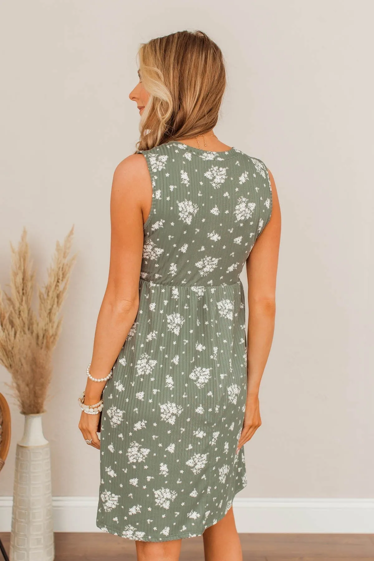 Floral Scents Ribbed Dress- Olive