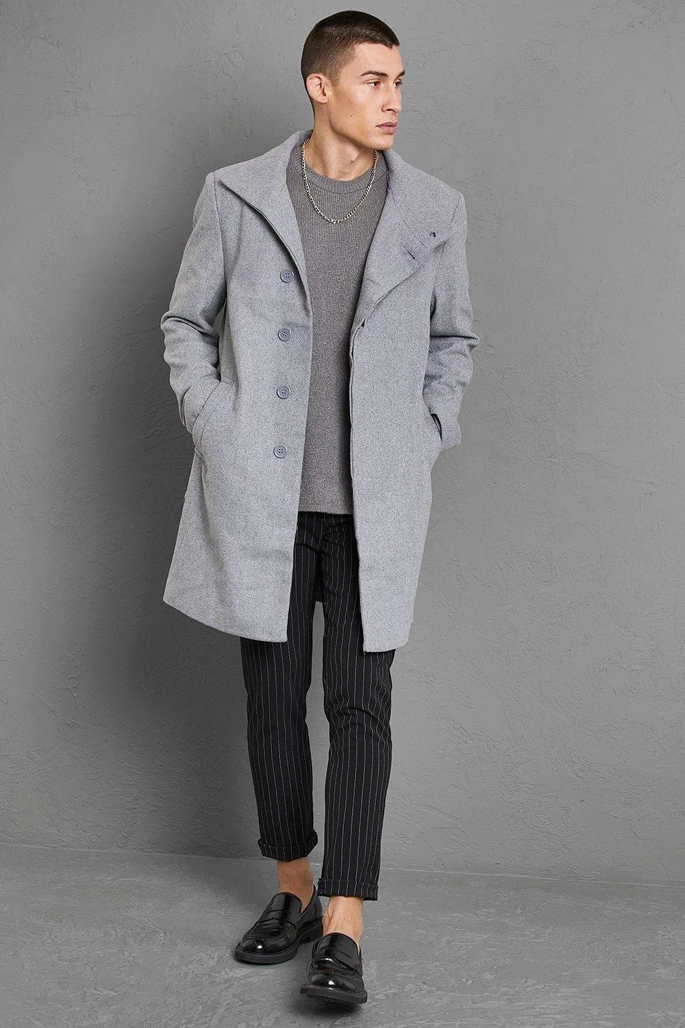 Funnel Neck Wool Look Overcoat | boohooMAN UK