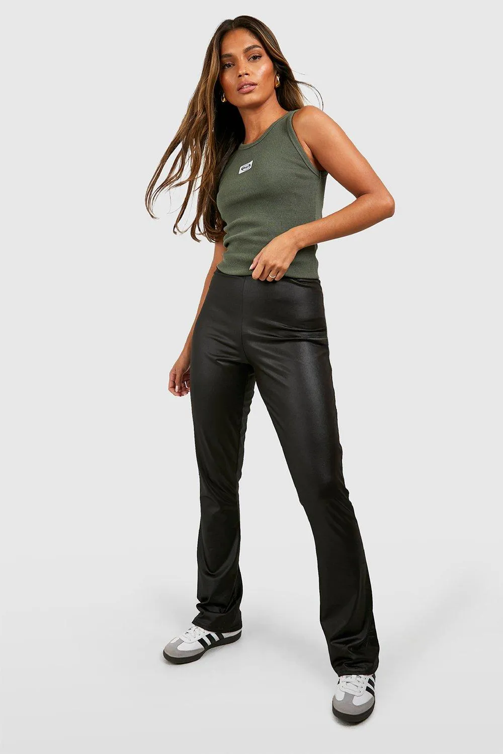 Leggings | Waist Cinching Leather Look Flared Leggings | boohoo