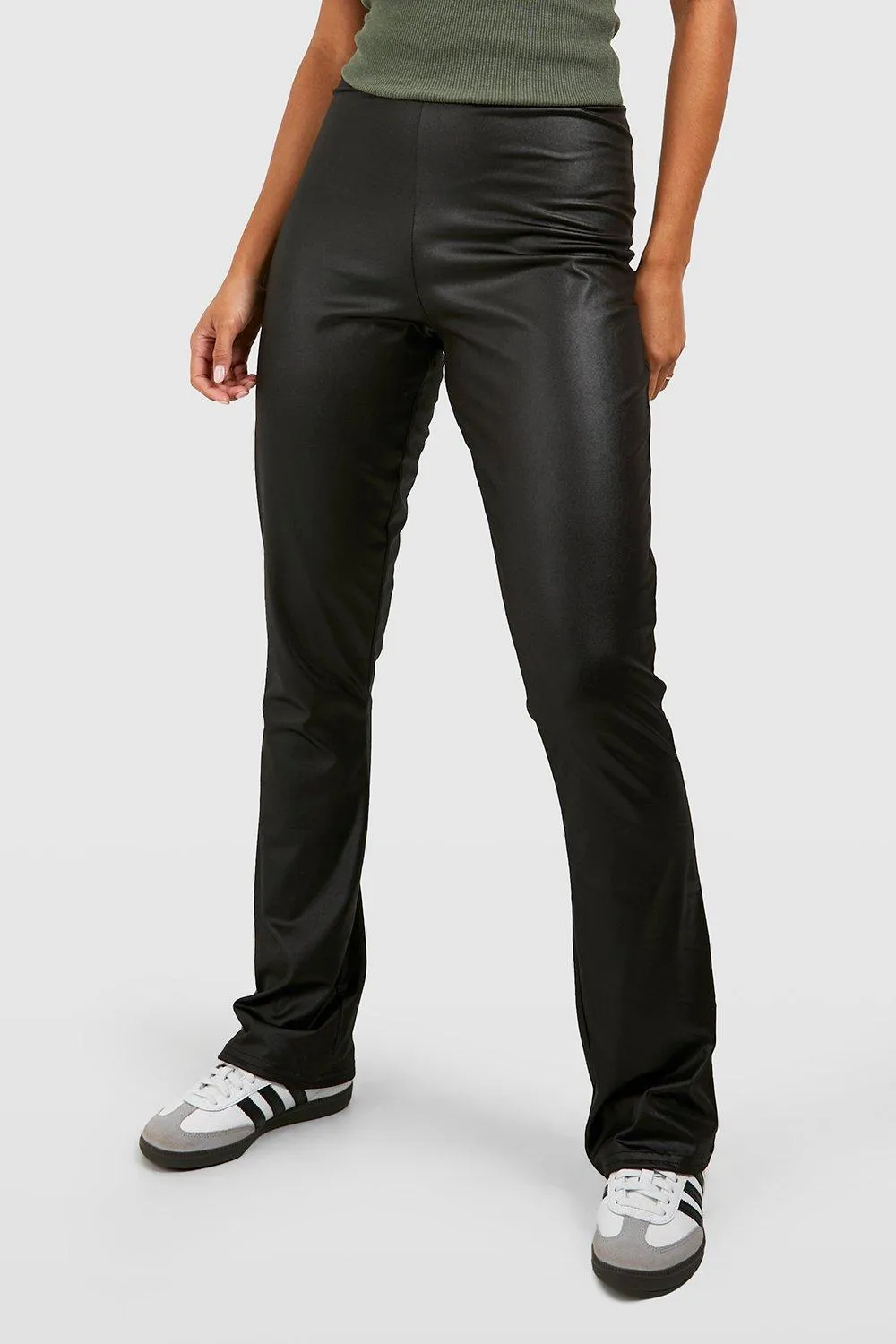 Leggings | Waist Cinching Leather Look Flared Leggings | boohoo