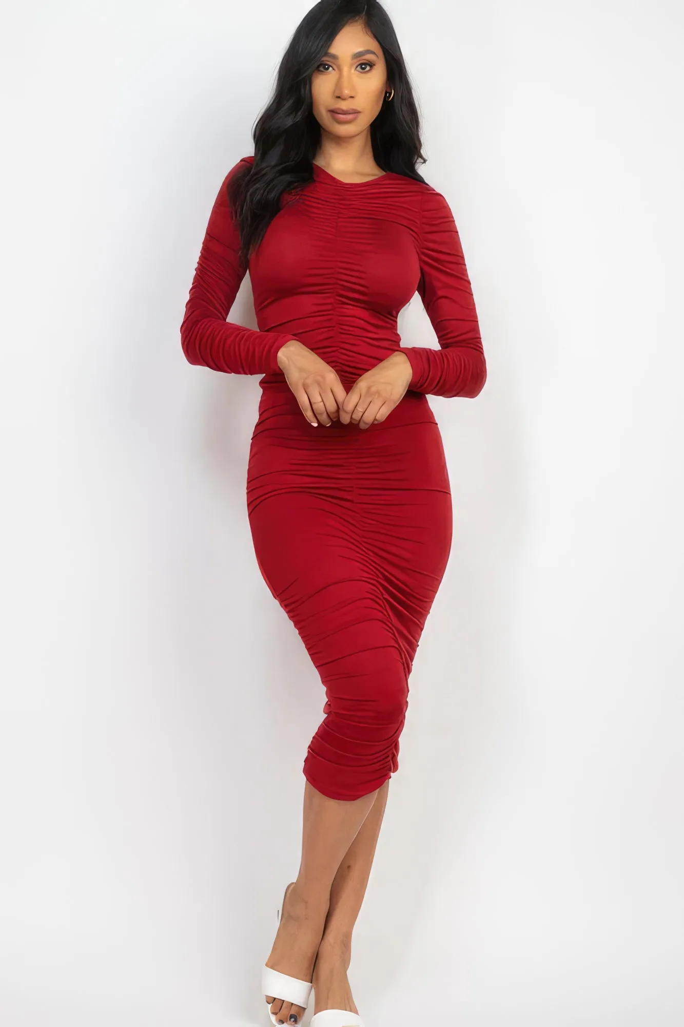 Long Sleeve Ruched Midi Dress