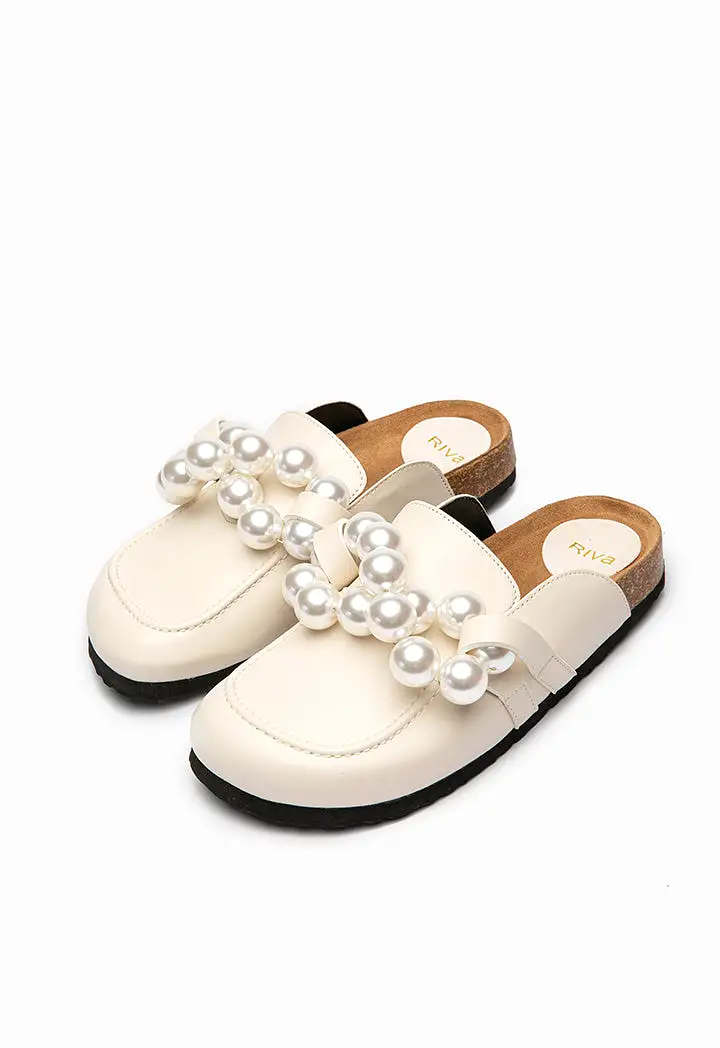 Pearl Embellished PU Leather Mules