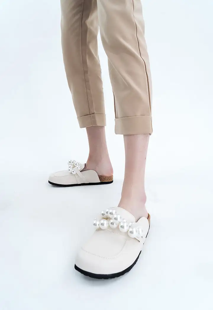 Pearl Embellished PU Leather Mules