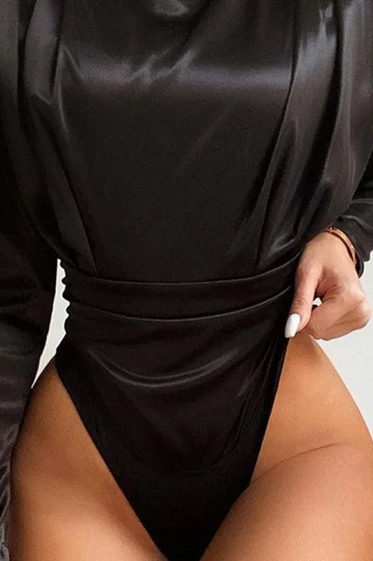 Satin Fold Pleated Detail Long Sleeve Bodysuit