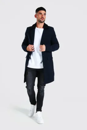 Smart Faux Fur Back Collar Overcoat | boohooMAN UK