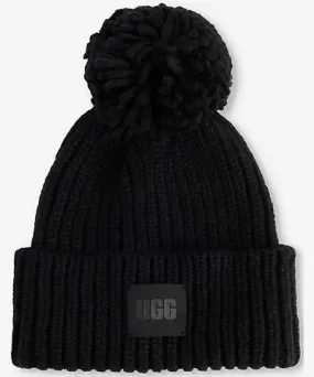 Ugg Womens Black Pom-pom logo-patch chunky-rib stretch-knit beanie hat