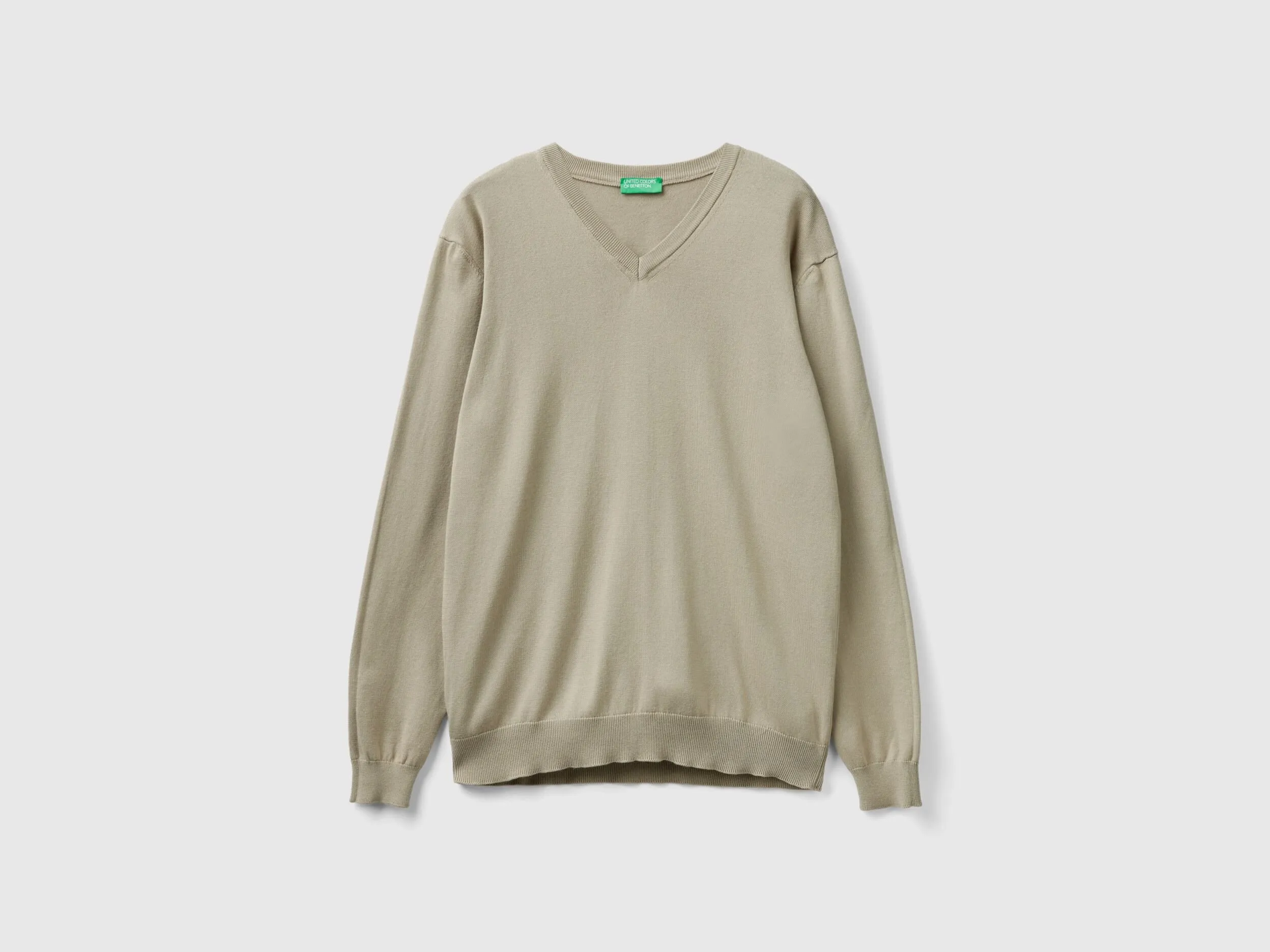 V-neck sweater in pure cotton - Light Green | Benetton