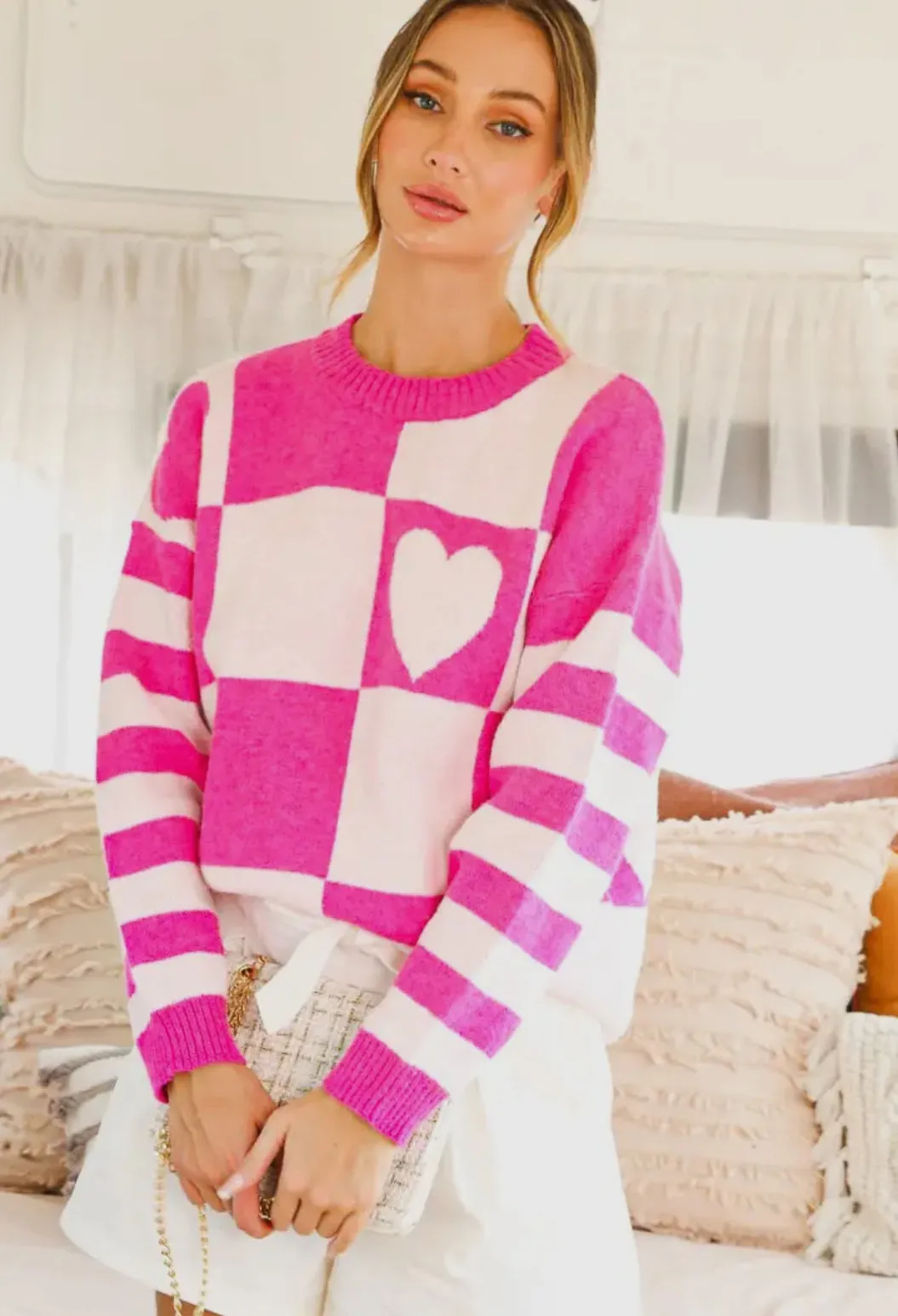 Vine and Love Pink Heart Block Sweater