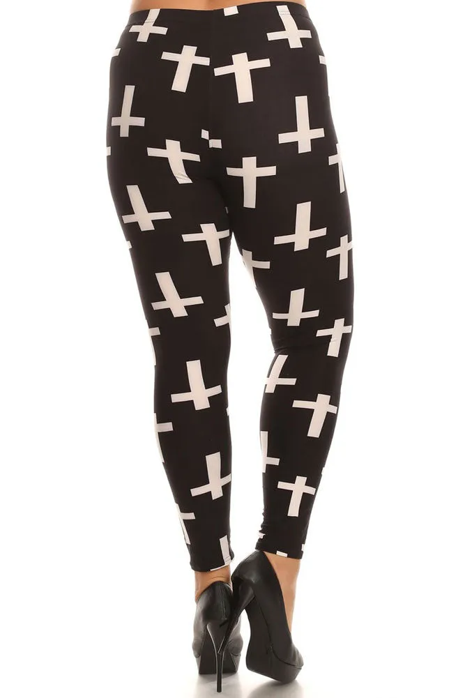 Women's Plus Christian Cross Pattern Print Leggings - Black White