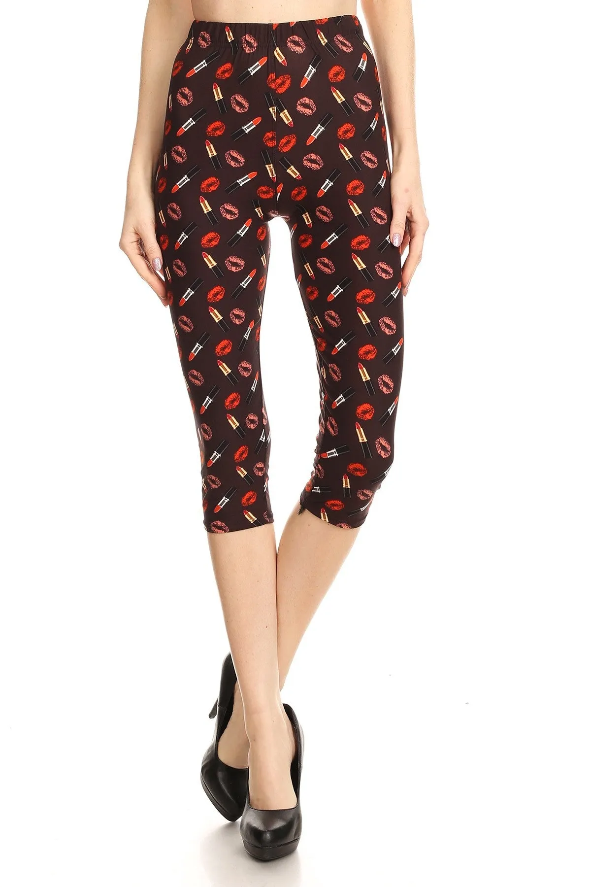 Women's Plus Lip Lipstick Printed Cropped Capri Leggings