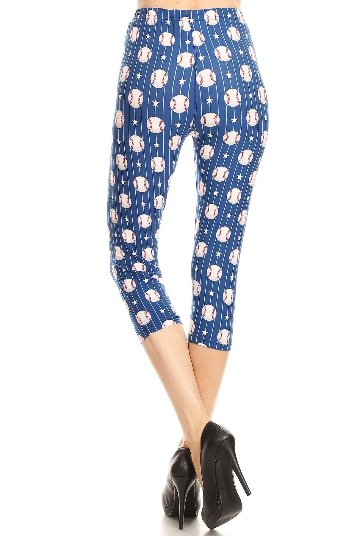 Women's Regular colorful Baseball Stars Printed Cropped Capri Leggings