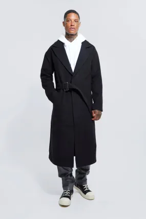 Wool Look Brass Buckle Longline Overcoat | boohooMAN UK